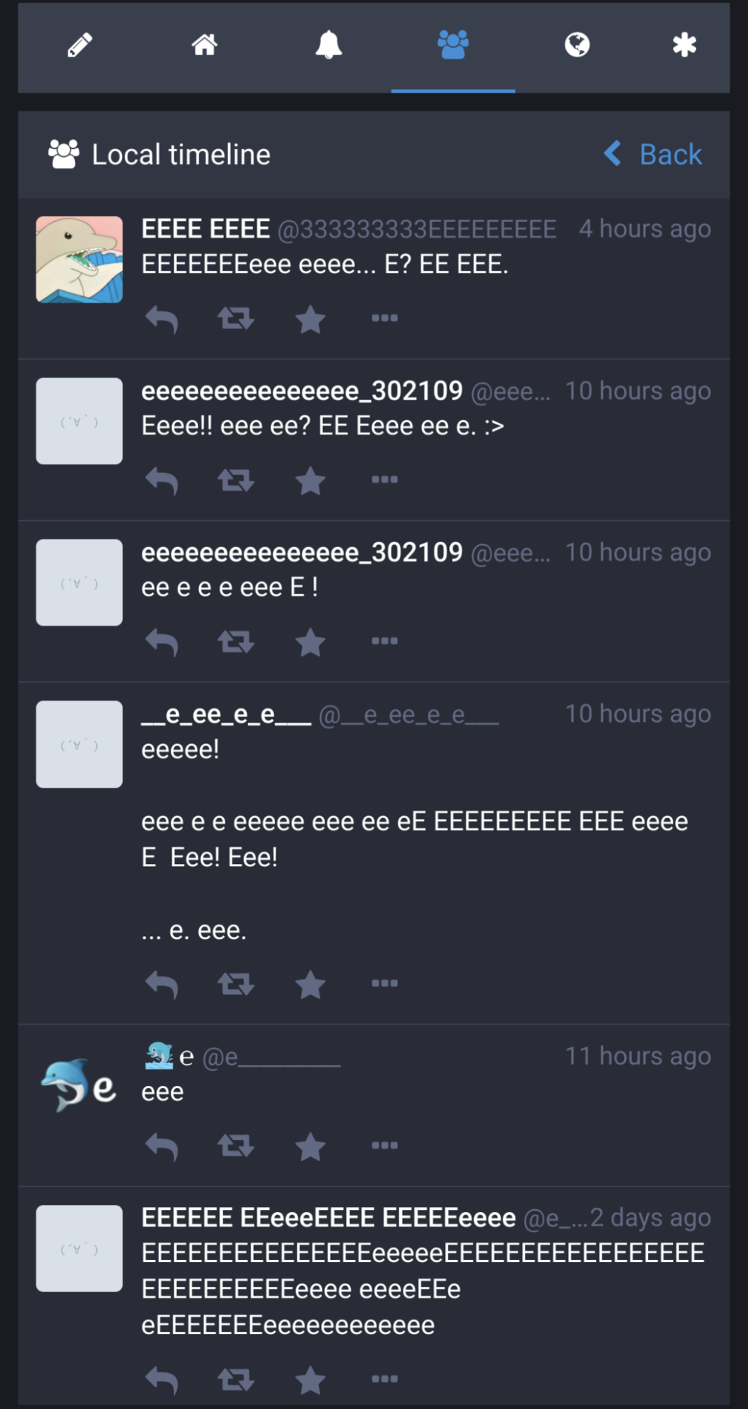 A screenshot of the local timeline of Dolphin Town. The only thing people are posting is the letter E in various permutations, about 6 posts a day.