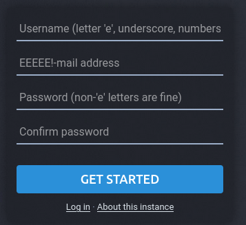 Screenshot of the dolphin.town registration form where it says "Password (non-'e' letters are fine)"