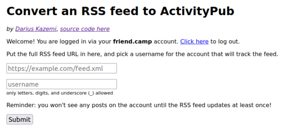 Screenshot of a very simple page that lets you enter a URL of an RSS feed and a username, with a Submit button.