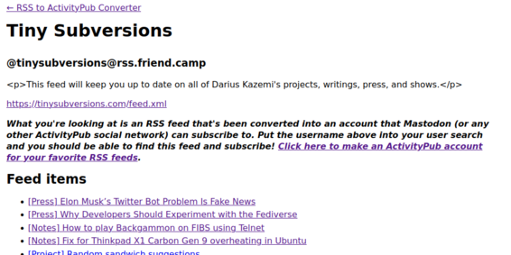 Screenshot of a landing page for an RSS feed mirror with instructions on how to follow it.
