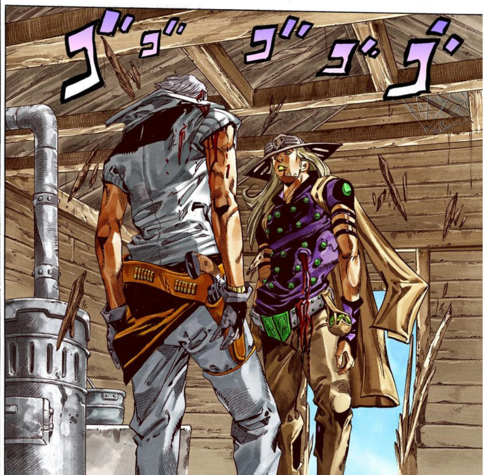 A panel from the manga Steel Ball Run by Hirohiko Araki. Two ostentatiously dressed cowboys stand right up in each other's personal space, staring at one another. The vibes are menacing.