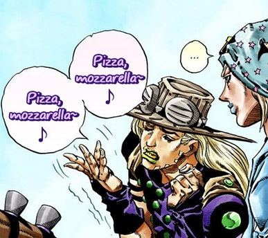 A panel from the manga JoJo's Bizarre Adventure. A cowboy with long blond hair sings with great feeling the lyrics "Pizza, mozzarella, pizza, mozzarella."