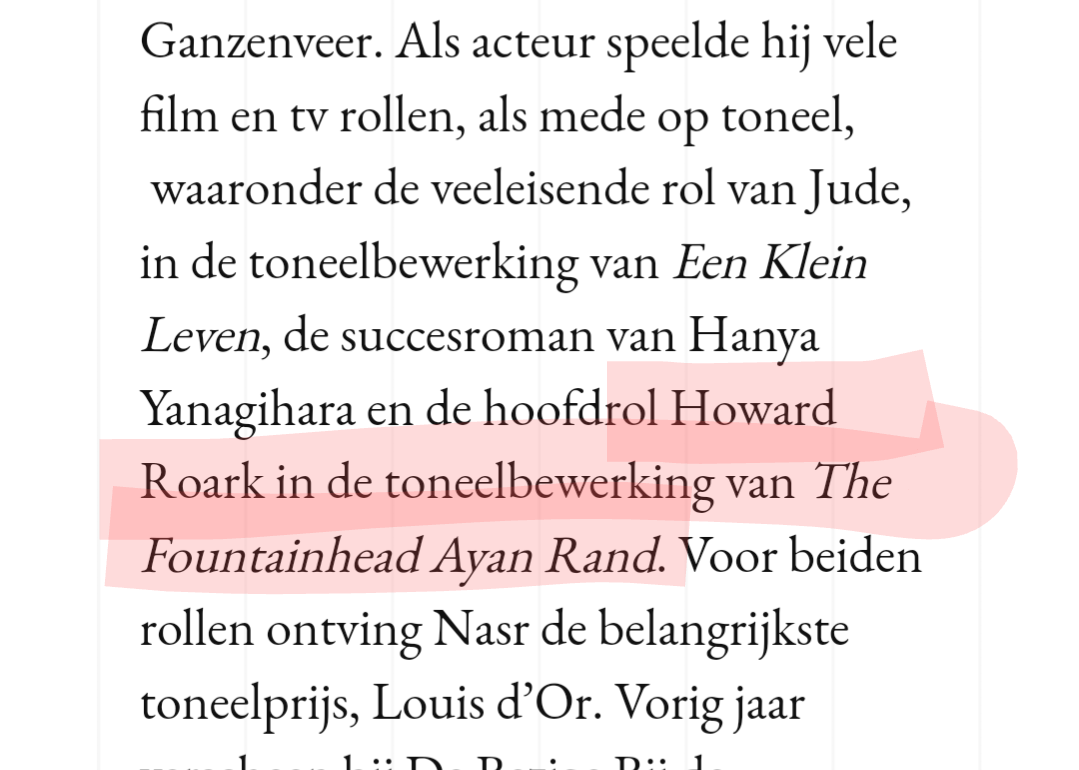 Highlighted text from his bio that translates to: he was the lead role of Howard Roark in the stage adaptation of Ayn Rand's The Fountainhead 