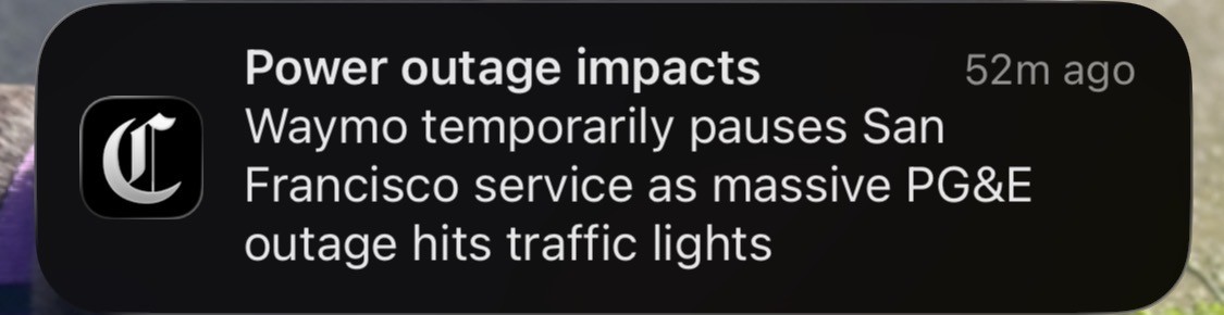 screenshot of chronicle headline saying waymo is temporarily stopping service in SF due to city power outages